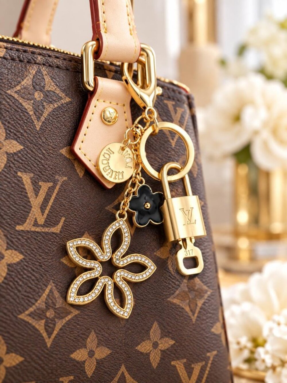 Authentic Louis Vuitton Gold Padlock 🔑 Unbranded Clover Keychain Bag Charm LV